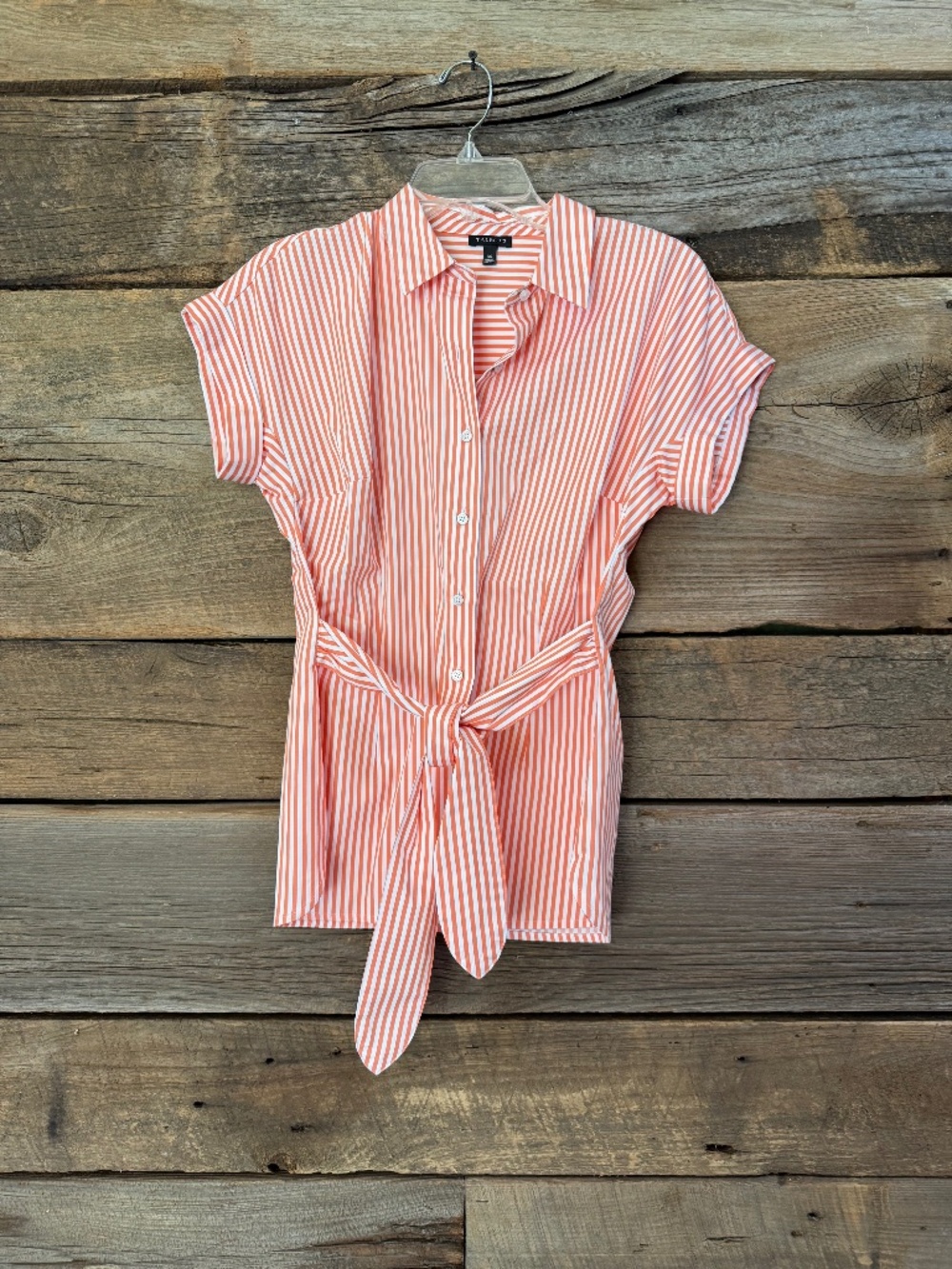 Talbots tie waist vibrant striped short sleeve button up shirt, orange/white, XS